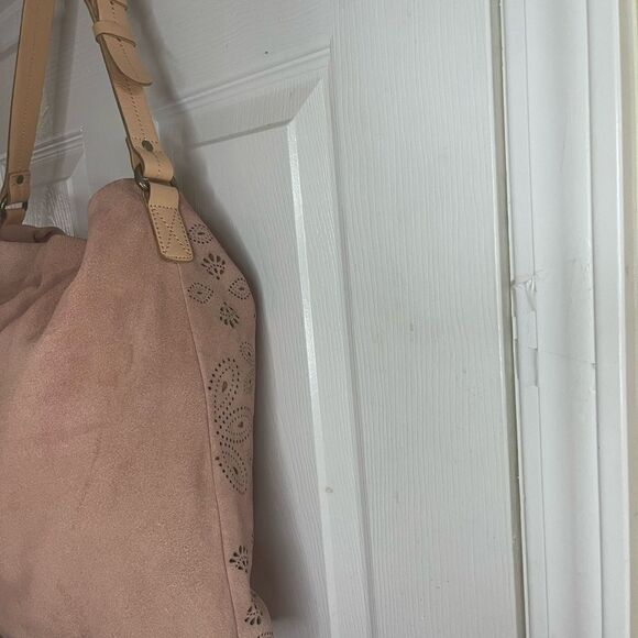Anthropologie Miss Albright laser cut leather suede blush pink large tote bag. main image 0